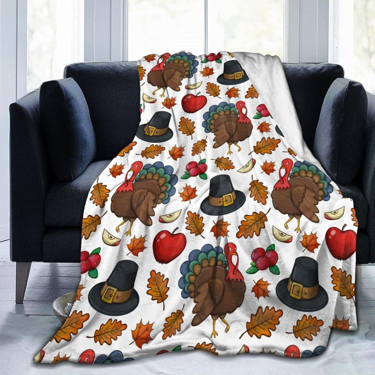Thanksgiving Turkey Throw Blanket Super Soft Lightweight Fall Leaf Thanksgiving Day Flannel Blanket for Sofa Couch Bed Ultra Warm Cozy Blankets for
