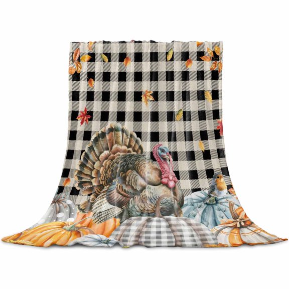 Thanksgiving Turkey Throw Flannel Blanket 32x48In Fall Pumpkins Leaves Bird Plaid Texture Super Soft Cozy Bed Blanket, Lightweight Plush Fuzzy Bed Throw for Bedroom Sofa Couch Living Room