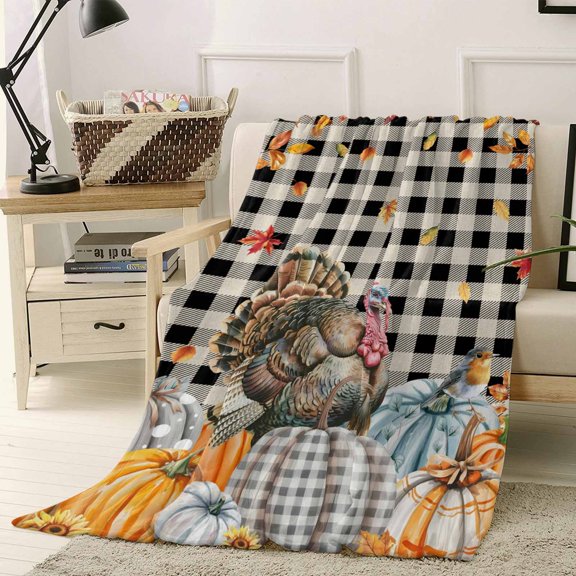 Thanksgiving Turkey Throw Flannel Blanket 50x60In Fall Pumpkins Leaves Bird Plaid Texture Super Soft Cozy Bed Blanket, Lightweight Plush Fuzzy Bed Throw for Bedroom Sofa Couch Living Room