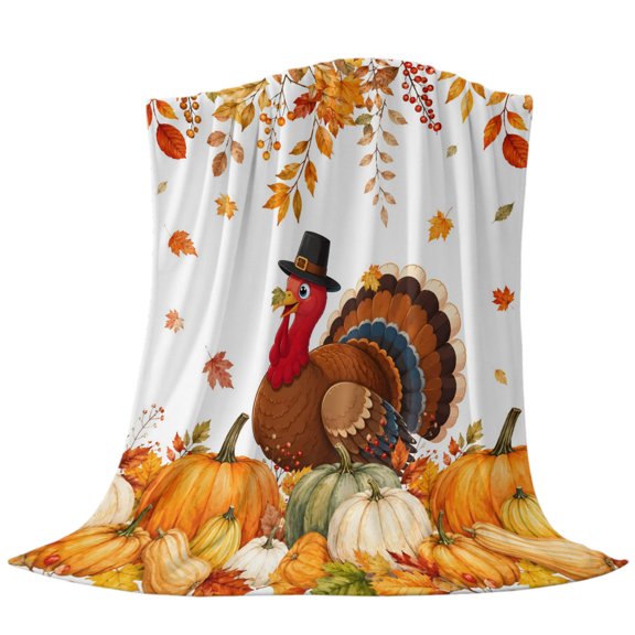 Thanksgiving Turkey Throw Flannel Blanket Fall Harvest Farmhouse Orange Maple Leaves Berry Super Soft Cozy Bed Blanket, Lightweight Plush Fuzzy Bed Throw for Bedroom Sofa Couch Living Room 30x40in