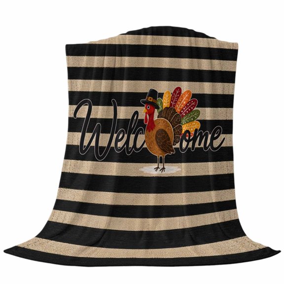Thanksgiving Turkey Throw Flannel Blanket Welcome Fall Vintage Country Black Stripe Super Soft Cozy Bed Blanket, Lightweight Plush Fuzzy Bed Throw for Bedroom Sofa Couch Living Room 50x60in