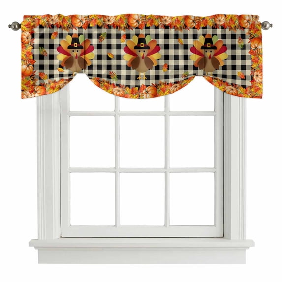 Thanksgiving Turkey Tie Up Valance Curtains for Windows, Kitchen Curtains Window Treatments, Fall Maple Leaves Black Plaid Rustic Short Window Shades Valances for Bedroom Bathroom Cafe 54"x18"