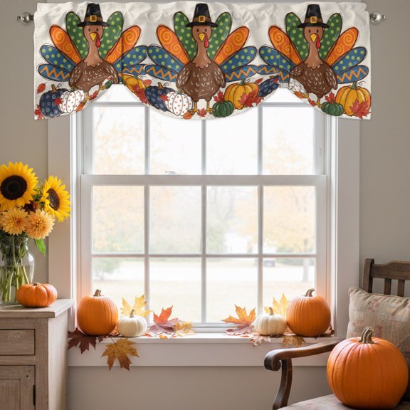 Thanksgiving Turkey Tie Up Valance for Windows, Fall Cartoon Polka Dot Turkey Pumpkin Retro Adjustable Rod Pocket Tie Up Valance Curtains Window Treatment for Kitchen Bathroom Bedroom 42 X 12 Inch