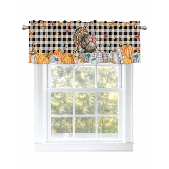 Thanksgiving Turkey Valances for Windows Fall Pumpkins Leaves Bird Plaid Texture Kitchen Valance Curtain Rod Pocket Small Curtains for Cafe Bathroom Laundry Basement 60" x 18"