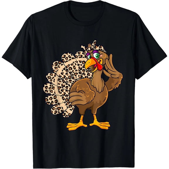 Thanksgiving Turkey Women Girl Leopard Print Autumn Fall T-Shirt