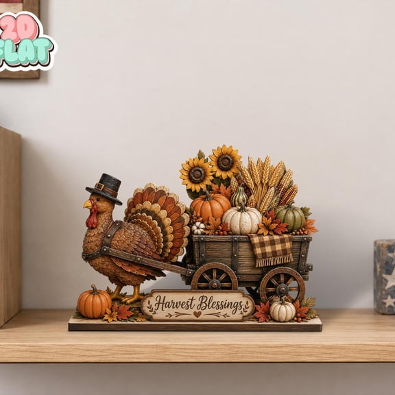Thanksgiving Turkey Wooden Block, Autumn Harvest Decor, Farmhouse Tabletop Decoration, Turkey Wagon Centerpiece, Fall Gift