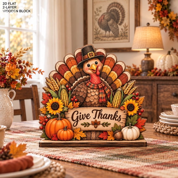 Thanksgiving Turkey Wooden Block, Give Thanks Tabletop Centerpiece for Traditional Harvest Gatherings