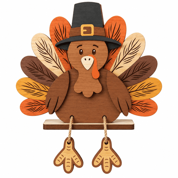 Thanksgiving Turkey Wooden Shelf Sitter, 2 Layer Pilgrim Turkey Tabletop Decor with Dangling Legs, Fall Harvest Decoration