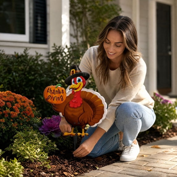 Thanksgiving Turkey Yard Decor, Fall Garden Stakes with Pumpkins, Weatherproof Turkey Outdoor Decorations for Home, Thanksgiving Holiday Garden Accessories