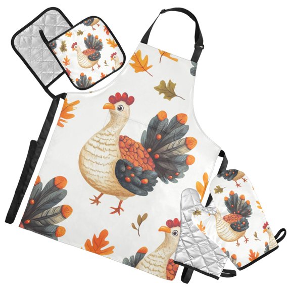 Thanksgiving Turkeys and Leaves Apron Set with Oven Mitts Pot Holders Set of 5 Kitchen Stuff Accessories