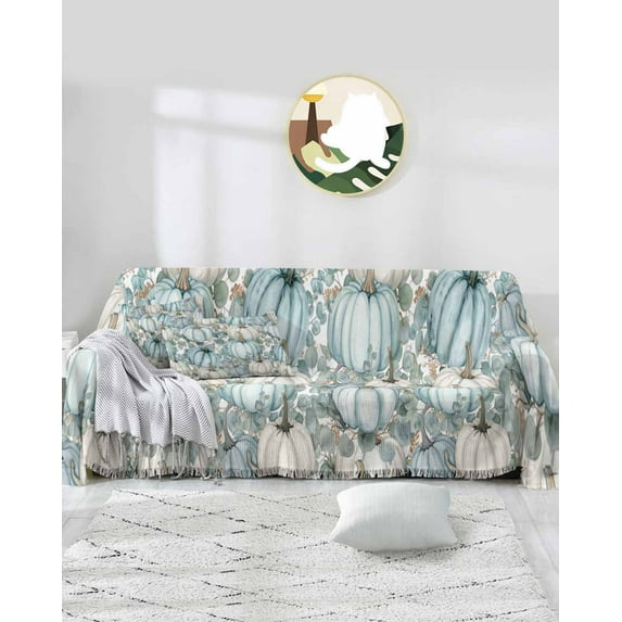 Thanksgiving Turquoise Pumpkins Sofa Covers for 3 Cushion Couch,Washable Sectional & L Shape Couch Covers for Dog/Cat/Kid,Fall Eucalyptus Maple Leaves Non Slip Sofa Slipcover Futon Cover 71x150