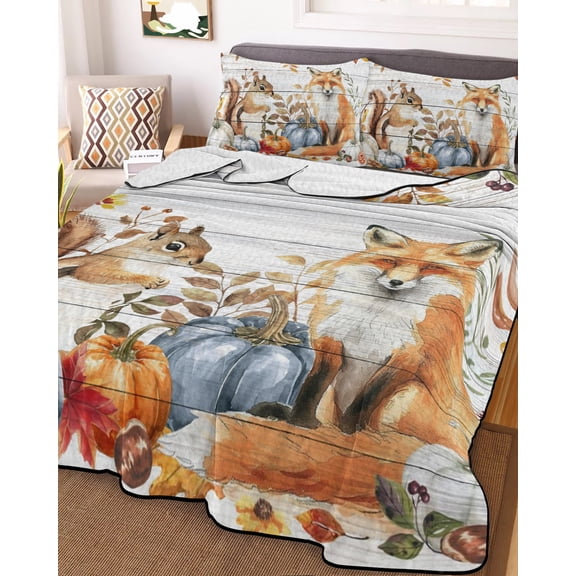 Thanksgiving Twin Size Down Alternative Comforter, Lightweight Comforter Quilt Bedding Set with Pillow Shams Squirrel Fox Pumpkin Autumn Eucalyptus All Seasons Bed Comforter Duvet Insert 68"x86"