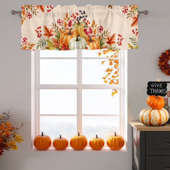 Thanksgiving Valance Curtain 1 Panel, Fal Pumpkin Maple Leaves Red Berries Amber Background Kitchen Valance with Rod Pocket Window Treatment Short Curtains for Bathroom Bedroom, 60 x 14 Inches