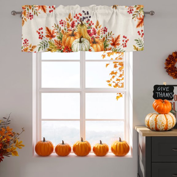 Thanksgiving Valance Curtain 1 Panel, Fal Pumpkin Maple Leaves Red Berries Linen Texture Kitchen Valance with Rod Pocket Window Treatment Short Curtains for Bathroom Bedroom, 60 x 14 Inches