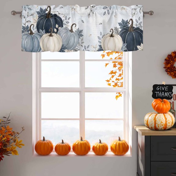 Thanksgiving Valance Curtain 1 Panel, Fall Retro Dark Blue Beige Pumpkin Leaf Damask Pattern Kitchen Valance with Rod Pocket Window Treatment Short Curtains for Bathroom Bedroom, 42 x 12 Inches