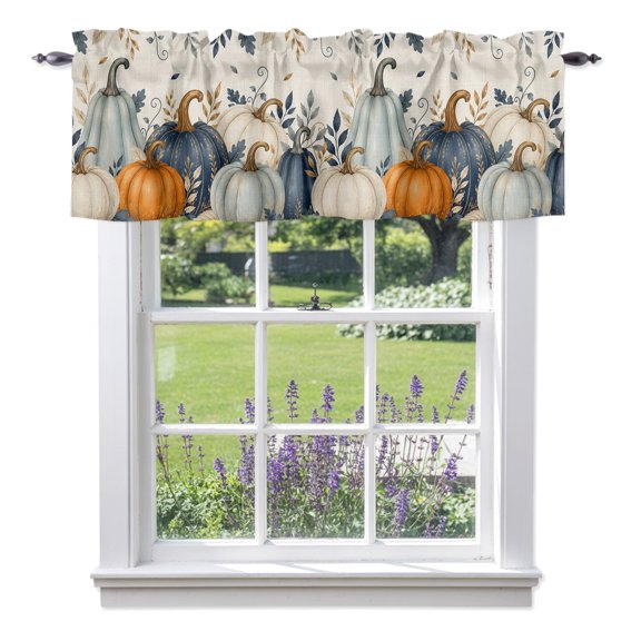 Thanksgiving Valance Curtains, Fall Deep Navy White Blue Pumpkin Leaf Linen Texture Light Filtering Valance Curtains Window Rod Pocket Treatment for Kitchen Bathroom 1 Panel 42x12in