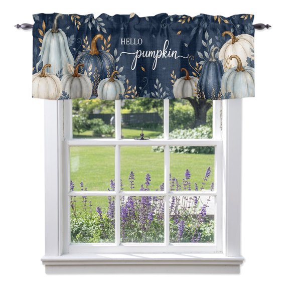 Thanksgiving Valance Curtains, Fall White Blue Pumpkin Gold Leaf Rustic Deep Navy Light Filtering Valance Curtains Window Rod Pocket Treatment for Kitchen Bathroom 1 Panel 42x12in
