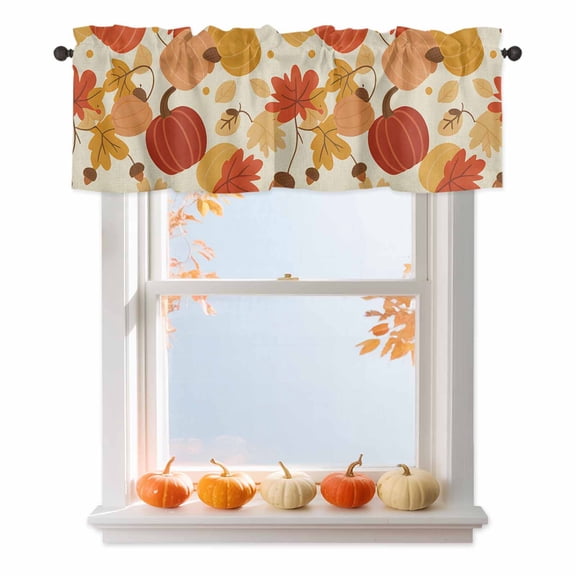 Thanksgiving Valances for Windows, 42 x 18in, Cartoon Pumpkin Maple Leaf Fall Farm Rod Pocket Kitchen Valance Curtain Light Filtering Window Treatments for Living Room Bedroom, 1 Panel
