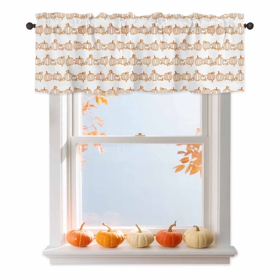 Thanksgiving Valances for Windows, 42 x 18in, Fall Line Pumpkin White Background Rod Pocket Kitchen Valance Curtain Light Filtering Window Treatments for Living Room Bedroom, 1 Panel