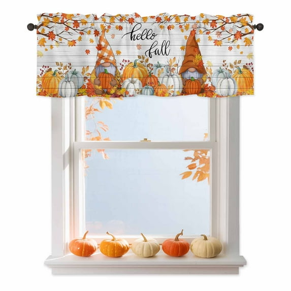 Thanksgiving Valances for Windows, 42 x 18in, Gnome Pumpkin Maple Leaf Hello Fall Wood Grain Rod Pocket Kitchen Valance Curtain Light Filtering Window Treatments for Living Room Bedroom, 1 Panel