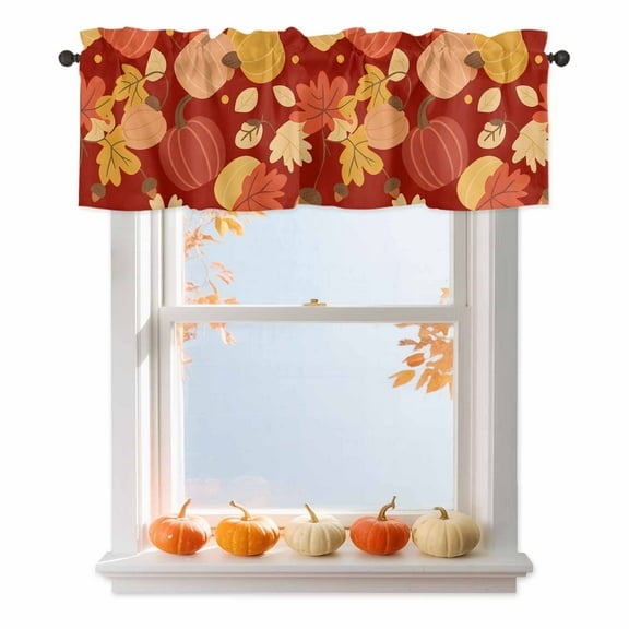 Thanksgiving Valances for Windows, 54 x 18in, Cartoon Pumpkin Maple Leaf Fall Red Orange Rod Pocket Kitchen Valance Curtain Light Filtering Window Treatments for Living Room Bedroom, 1 Panel