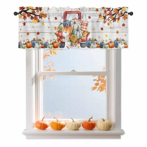 Thanksgiving Valances for Windows, 54 x 18in, Happy Fall Pumpkin Maple Leaf Truck Wood Grain Rod Pocket Kitchen Valance Curtain Light Filtering Window Treatments for Living Room Bedroom, 1 Panel