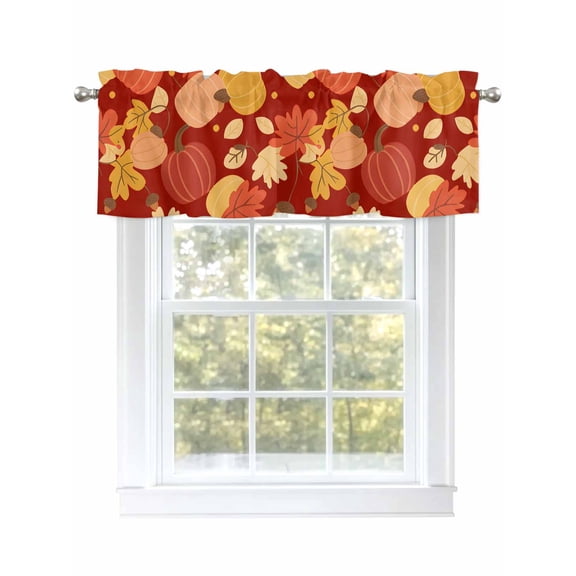 Thanksgiving Valances for Windows Cartoon Pumpkin Maple Leaf Fall Red Orange Kitchen Valance Curtain Rod Pocket Small Curtains for Cafe Bathroom Laundry Basement 42" x 12"