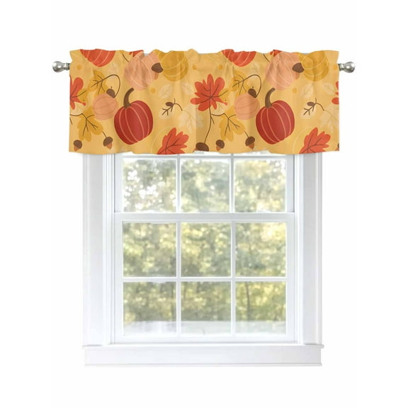 Thanksgiving Valances for Windows Cartoon Pumpkin Maple Leaf Fall Rod Pocket Curtains Valance Short Window Treatment Drapes for Living Room, Bedroom Bathroom 42" W x 12" L