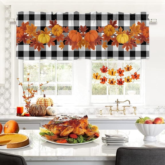 Thanksgiving Valances Windows Curtain Pumpkin Maple Leaf Kitchen Valances Rod Pocket Black and White Buffalo Check Plaid Short Topper Curtains Autumn, Fall Seasonal Decor 1 Panel, 54 x 18 inch