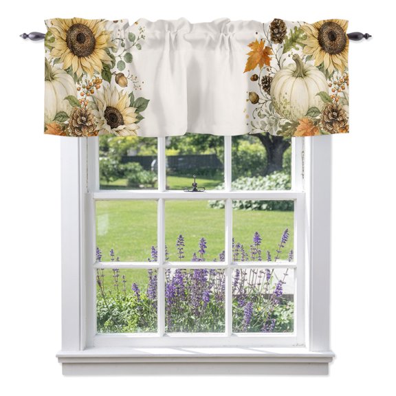 Thanksgiving Valances for Windows, Fall Beige Pumpkin Sunflower Pinecones Oak Leaf Rod Pocket Short Window Valance Curtains Holiday Window Treatment for Kitchen Living Room Bathroom 60" x 14"