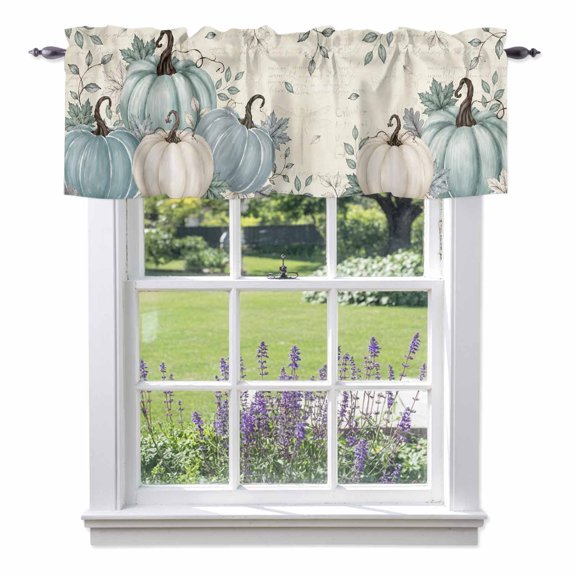 Thanksgiving Valances for Windows, Fall Blue Pumpkin Sage Green Leaf Beige Script Base Valance Window Treatment Rod Pocket Short Curtains Valances for Kitchen Bathroom 42"W x 12"L