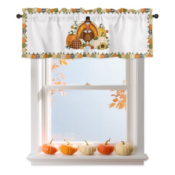 Thanksgiving Valances for Windows, Fall Cartoon Turkey Orange Green Pumpkin Sunflower Rod Pocket Valance Short Window Treatments Curtains for Kitchen Bathroom Bedroom Decor, 42 x 12 Inches