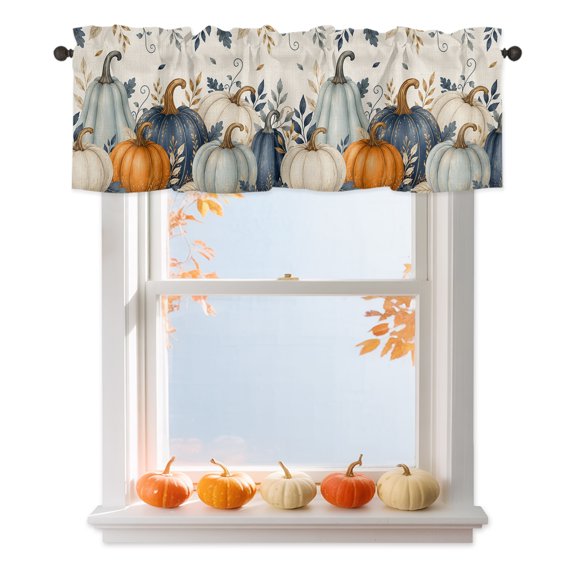 Thanksgiving Valances for Windows Fall Deep Navy White Blue Pumpkin Leaf Linen Texture Valance Curtains Rod Pocket Kitchen Small Window Treatments for Living Room Bathroom Bedroom, 42"x12"