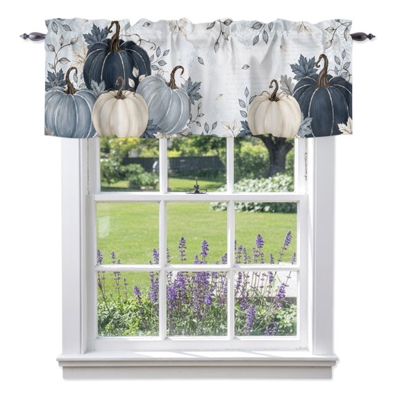 Thanksgiving Valances for Windows, Fall Retro Dark Blue Beige Pumpkin Leaf Damask Pattern Valance Window Treatment Rod Pocket Short Curtains Valances for Kitchen Bathroom 56"W x 16"L