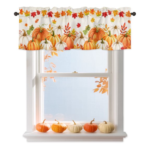Thanksgiving Valances for Windows Fall White Orange Pumpkins Leaves Foliage Border Valance Curtains Rod Pocket Kitchen Small Window Treatments for Living Room Bathroom Bedroom, 42"x12"
