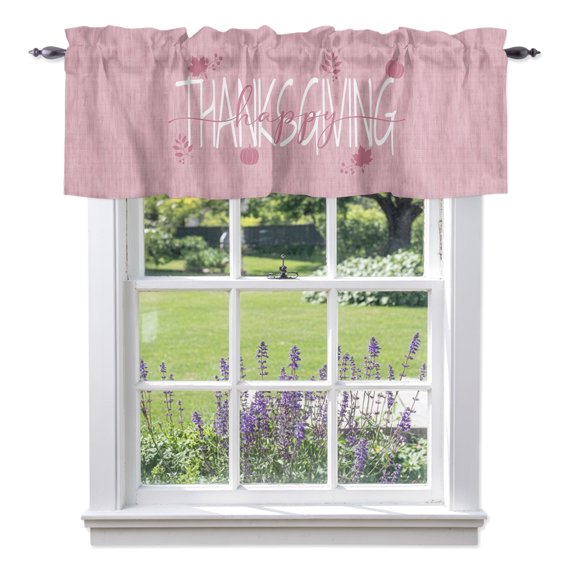Thanksgiving Valances for Windows, Happy Thanksgiving Script Pink Backdrop Pumpkin Leaf Valance Window Treatment Rod Pocket Short Curtains Valances for Kitchen Bathroom 42"W x 12"L
