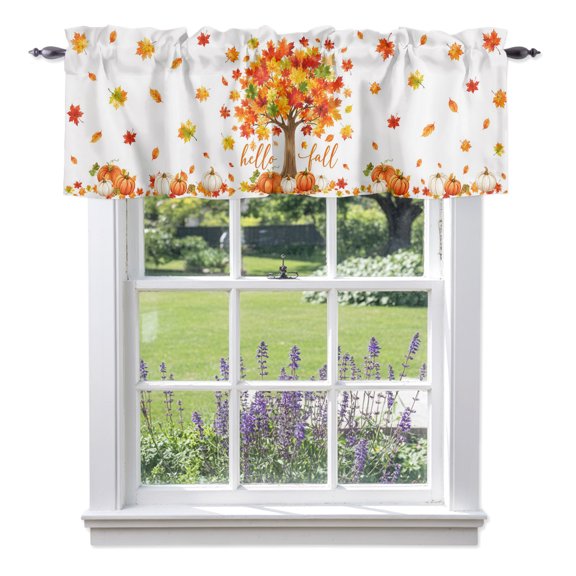 Thanksgiving Valances for Windows, Hello Fall Orange Maple Tree Leaf Pumpkins Rustic Valance Window Treatment Rod Pocket Short Curtains Valances for Kitchen Bathroom 42"W x 12"L