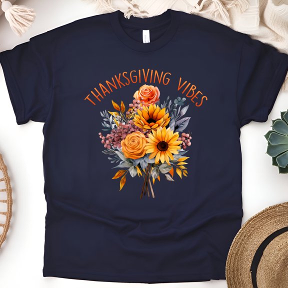 Thanksgiving Vibes T-Shirt | Autumn Sunflower and Rose Bouquet Graphic Tee, Navy, Size S