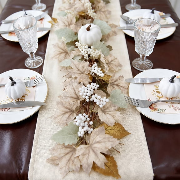 Thanksgiving Vine Garland Fall Maple Leaf Garland Autumn Decor Vine, Reusable Bendable Pumpkin Beige Neutral Tone, For Mantel Table Runner Front Door Holiday
