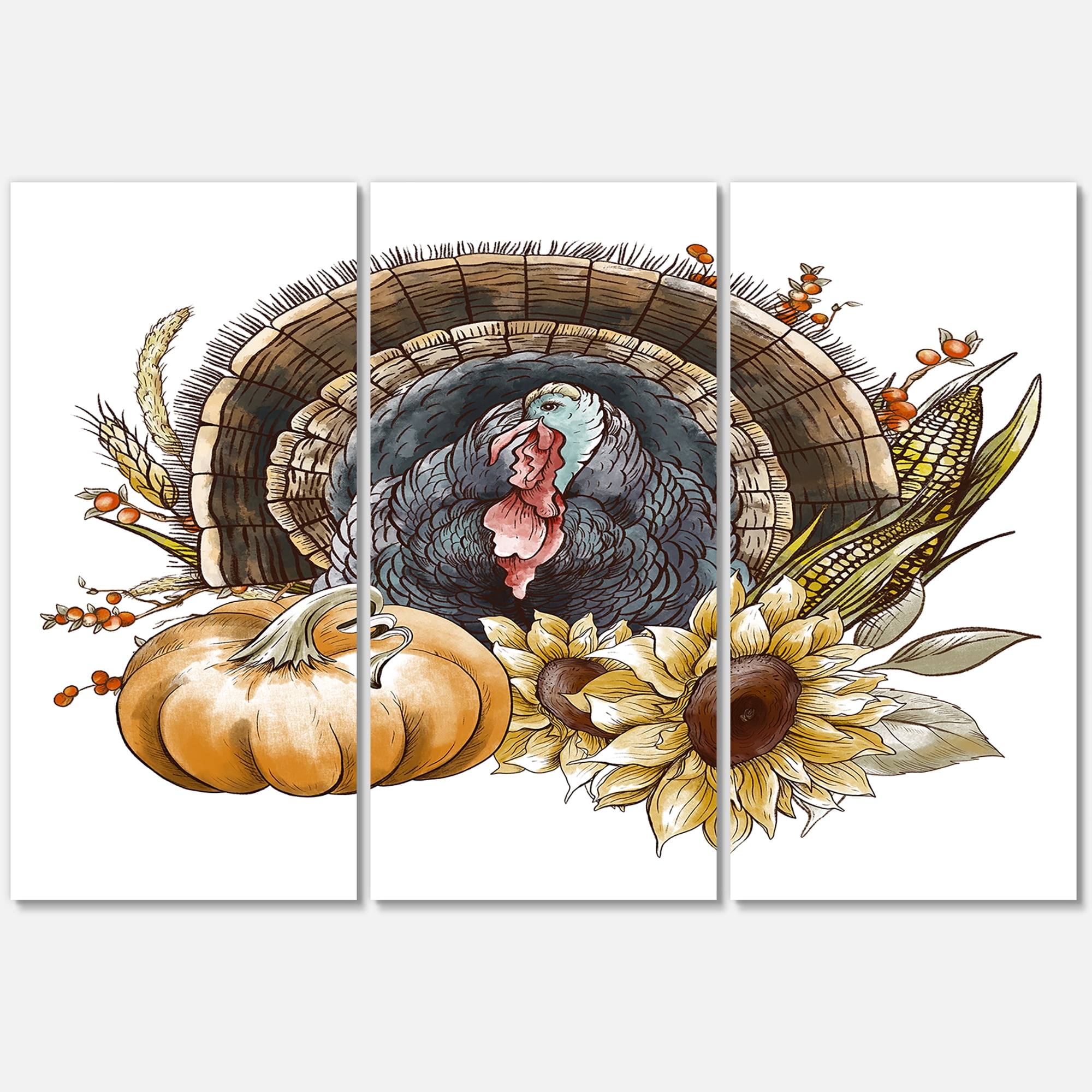 Thanksgiving Vintage Turkey Pumpkin and Sunflowers 28 in x 36 in Painting Canvas Art Print, by Designart