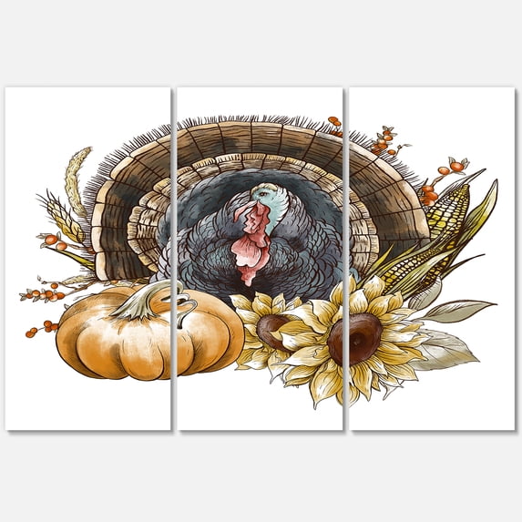 Thanksgiving Vintage Turkey Pumpkin and Sunflowers 28 in x 36 in Painting Canvas Art Print, by Designart