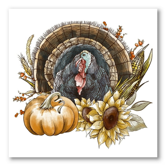 Thanksgiving Vintage Turkey Pumpkin and Sunflowers 30 in x 30 in Painting Canvas Art Print, by Designart