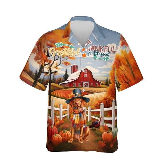 Thanksgiving Vizsla Pilgrim Grateful, Thankful, Blessed Fall Welcome Hawaiian Shirt Breathable Summer Unisex Merch Vizslas Dog Lover Gifts Idea - 00021