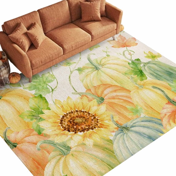 Thanksgiving Washable Area Rug 6 x 9 ft Rustic Yellow Pumpkin Vines ...