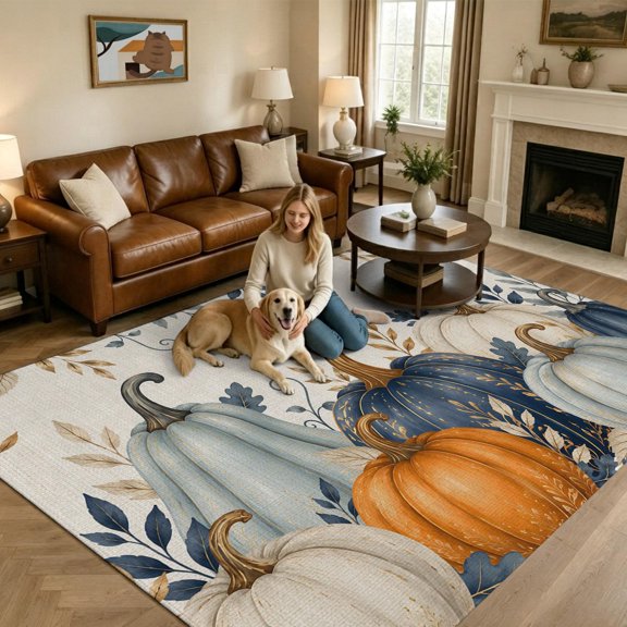 Thanksgiving Washable Area Rug 9x12 Fall Deep Navy White Blue Pumpkin Leaf Linen Texture Low-Profile Large Area Rugs Non Slip Indoor Floor Carpet for Entrance Living Room Bedroom Home Office