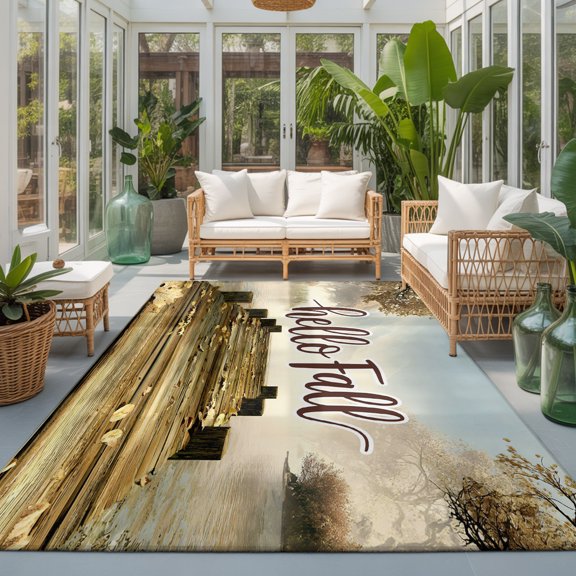 Thanksgiving Washable Area Rugs 3'x5', Hello Fall Vintage Wood Grain Pier Washable Throw Living Room Rug Non-Slip Sturdy Edge Binding Carpet for Indoor Entryway Bedside Kitchen