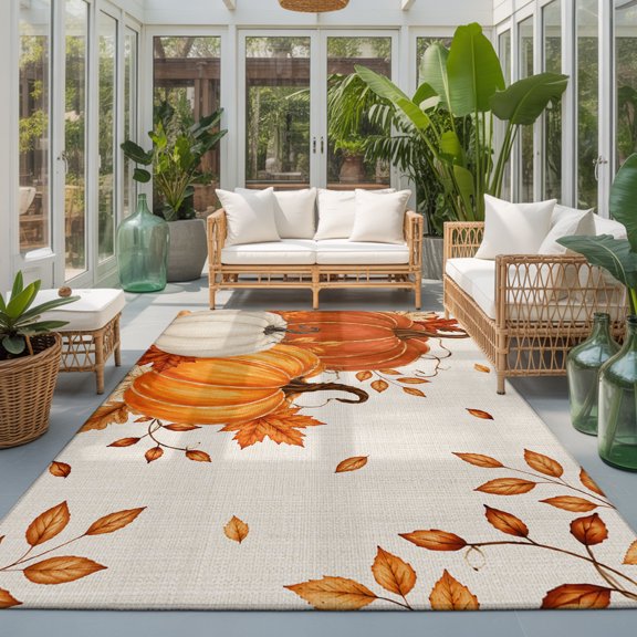Thanksgiving Washable Living Room Rugs 5'x8', Fall Retro Orange Beige Pumpkin Leaf Linen Texture Washable Throw Large Area Rug Non-Slip Sturdy Edge Binding Carpet for Living Area Kitchen Office