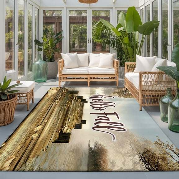 Thanksgiving Washable Living Room Rugs 9'x12', Hello Fall Vintage Wood Grain Pier Washable Throw Large Area Rug Non-Slip Sturdy Edge Binding Carpet for Bedroom Dining Room Office