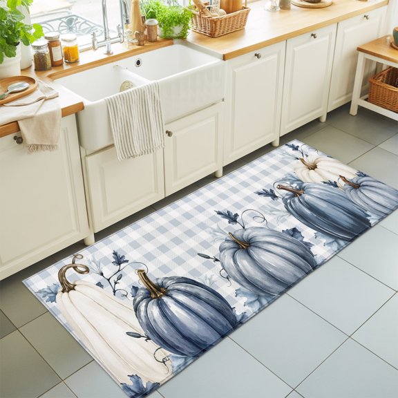 Thanksgiving Washable Runner Rugs 2'x6', Fall Farm Harvest Blue White Pumpkin Flowers Plaid Washable Runner Rug Non-Slip Sturdy Edge Binding Carpet for Bedside Hallway Runner Kitchen Galley