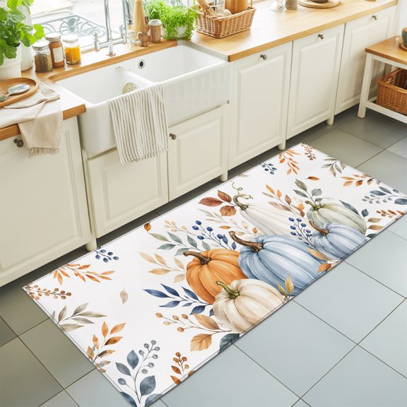Thanksgiving Washable Runner Rugs 2'x6', Fall Farmhouse Orange Blue Green Pumpkin Leaf Berry Washable Runner Rug Non-Slip Sturdy Edge Binding Carpet for Bedside Hallway Runner Kitchen Galley